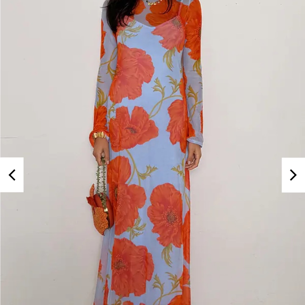 Never Fully Dressed Poppy Design Long Sleeve Mesh Maxi Dress